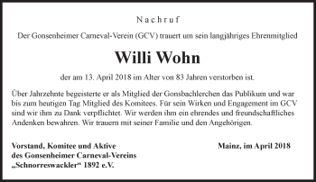 Traueranzeige von Willi Wohn von Trauerportal Rhein Main Presse