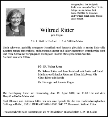 Traueranzeige von Wiltrud Ritter von Trauerportal Rhein Main Presse
