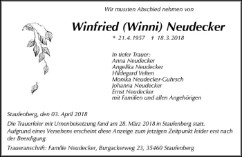 Traueranzeige von Winfried Neudecker von Trauerportal Rhein Main Presse