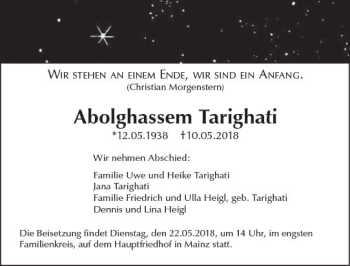 Traueranzeige von Abolghassem Tarighati von Trauerportal Rhein Main Presse