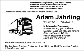 Traueranzeige von Adam Jährling von Trauerportal Rhein Main Presse
