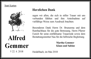 Traueranzeige von Alfred Gemmer von VRM Trauer