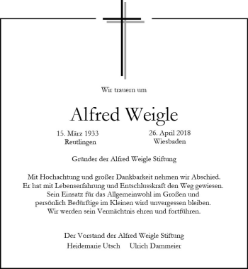 Traueranzeige von Alfred Weigle von Trauerportal Rhein Main Presse
