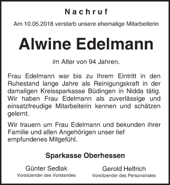 Traueranzeige von Alwine Edelmann von  Kreisanzeiger