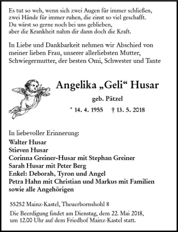 Traueranzeige von Angelika Husar von Trauerportal Rhein Main Presse
