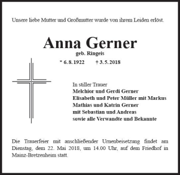 Traueranzeige von Anna Gerner von Trauerportal Rhein Main Presse