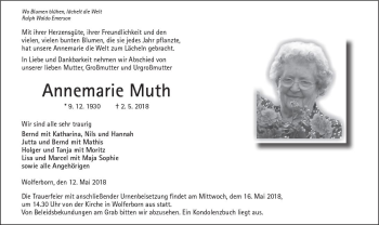 Traueranzeige von Annemarie Muth von  Kreisanzeiger