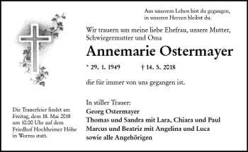 Traueranzeige von Annemarie Ostermayer von Trauerportal Rhein Main Presse