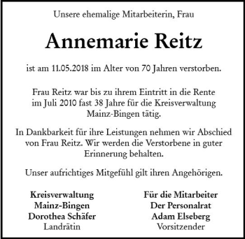 Traueranzeige von Annemarie Reitz von Trauerportal Rhein Main Presse