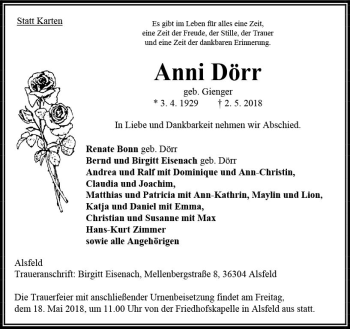 Traueranzeige von Anni Dörr von VRM Trauer