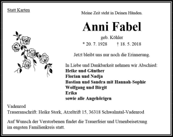 Traueranzeige von Anni Fabel von VRM Trauer