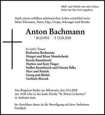 Traueranzeige von Anton Bachmann von Trauerportal Rhein Main Presse