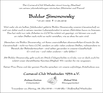 Traueranzeige von Baldur Simonowsky von Trauerportal Rhein Main Presse