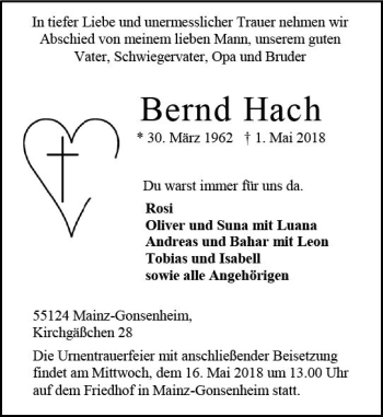 Traueranzeige von Bernd Hach von Trauerportal Rhein Main Presse