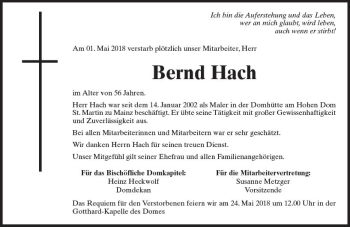 Traueranzeige von Bernd Hach von Trauerportal Rhein Main Presse