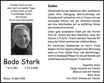 Traueranzeige von Bodo Stark von Trauerportal Rhein Main Presse