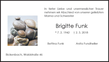 Traueranzeige von Brigitte Funk von Trauerportal Rhein Main Presse