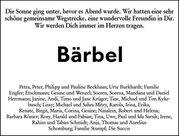Traueranzeige von Bärbel  von Trauerportal Rhein Main Presse