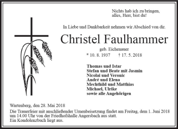 Traueranzeige von Christel Faulhammer von VRM Trauer