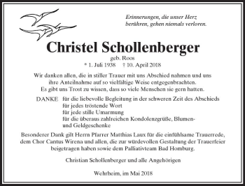 Traueranzeige von Christel Schollenberger von  Usinger Anzeiger