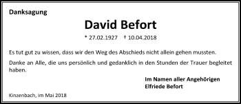 Traueranzeige von David Befort von  Gießener Anzeiger