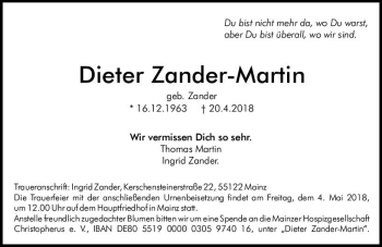 Traueranzeige von Dieter Zander-Martin von Trauerportal Rhein Main Presse