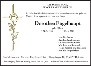 Traueranzeige von Dorothea Engelhaupt von Trauerportal Rhein Main Presse