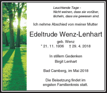 Traueranzeige von Edeltrude Wenz-Lenhart von  Camberger Anzeiger