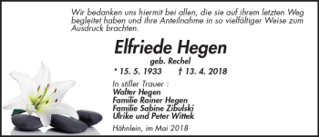 Traueranzeige von Elfriede Hegen von Trauerportal Rhein Main Presse