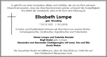 Traueranzeige von Elisabeth Lompe von Trauerportal Rhein Main Presse