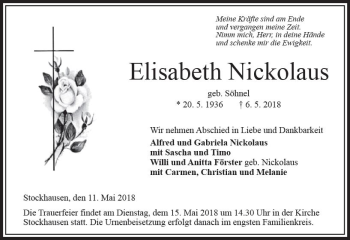 Traueranzeige von Elisabeth Nickolaus von VRM Trauer