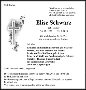 Traueranzeige von Elise Schwarz von VRM Trauer