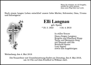 Traueranzeige von Elli Langnau von  Gießener Anzeiger