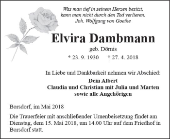 Traueranzeige von Elvira Dambmann von  Kreisanzeiger