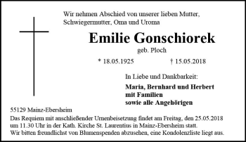 Traueranzeige von Emilie Gonschiorek von Trauerportal Rhein Main Presse