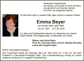 Traueranzeige von Emma Beyer von Trauerportal Rhein Main Presse