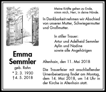 Traueranzeige von Emma Semller von  Gießener Anzeiger