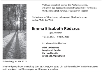 Traueranzeige von Emma Elisabeth Rödszus von Trauerportal Rhein Main Presse