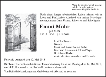 Traueranzeige von Emmi Mohr von  Gießener Anzeiger