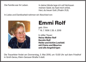 Traueranzeige von Emmi Rolf von Trauerportal Rhein Main Presse