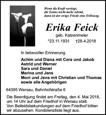 Traueranzeige von Erika Feick von Trauerportal Rhein Main Presse