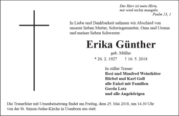 Traueranzeige von Erika Günther von  Kreisanzeiger