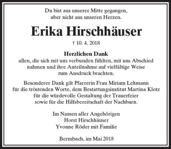 Traueranzeige von Erika Hirschhäuser von  Camberger Anzeiger