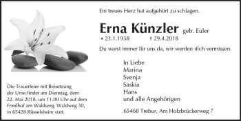 Traueranzeige von Erna Künzler von Trauerportal Rhein Main Presse