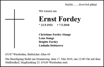 Traueranzeige von Ernst Fordey von Trauerportal Rhein Main Presse