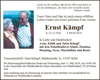 Traueranzeige von Ernst Kämpf von Trauerportal Rhein Main Presse