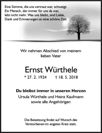 Traueranzeige von Ernst Würthele von Trauerportal Rhein Main Presse