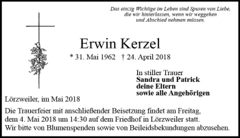 Traueranzeige von Erwin Kerzel von Trauerportal Rhein Main Presse