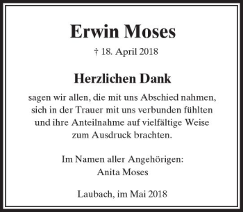 Traueranzeige von Erwin Moses von  Usinger Anzeiger