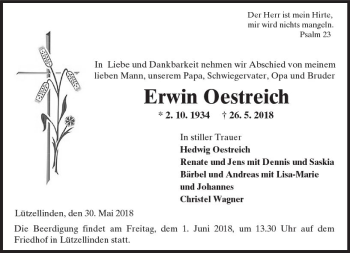 Traueranzeige von Erwin Oestreich von  Gießener Anzeiger